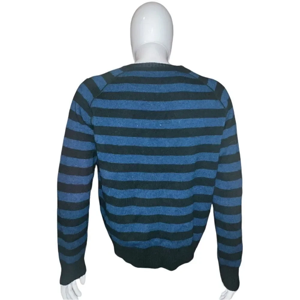 J. Crew Mens Lambs Wool Sweater Blue Green Striped Tight Knit Large EUC
